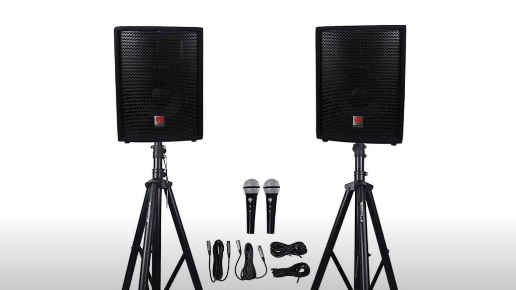 A church speaker system including a pair of speakers on stands and microphones and cords.