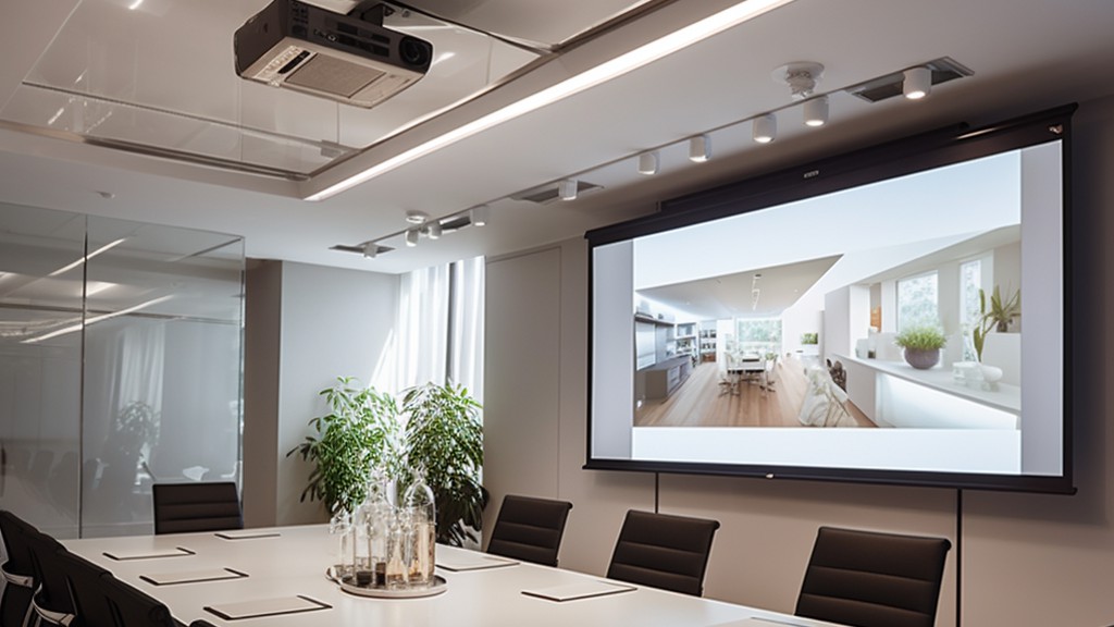 A modern conference room, complete with LED screen and ceiling-mounted projector.