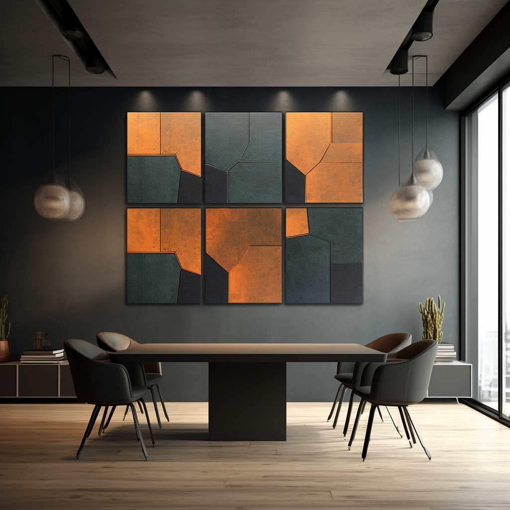 A sleek conference room in dark browns and blacks is juxtaposed by a two-by-three grid of burnt orange and great geometric designed acoustic wall tiles.