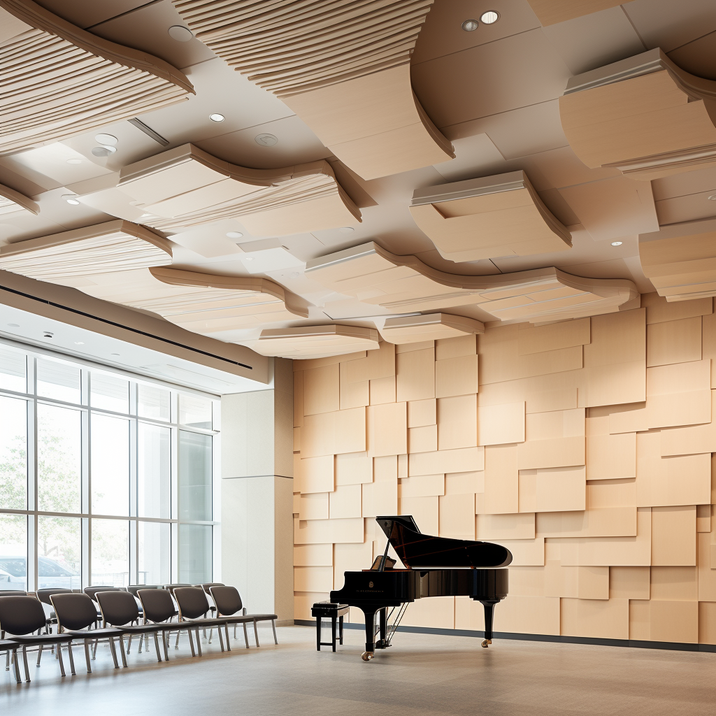 A grand piano sits facing rows of chairs in a well-lit, modern room. The walls and ceiling are covered in acoustical paneling to improve the sound quality.