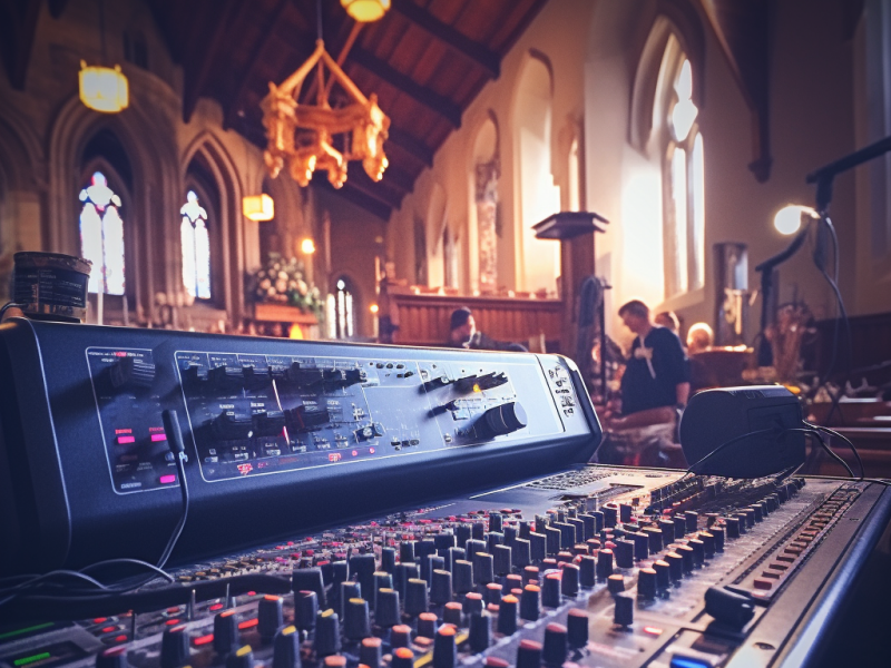 A close-up of a sound mixer with a blurry image of a sunlit sanctuary in a small church in the background
