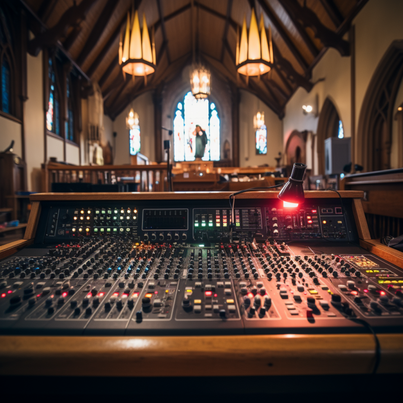 An audio mixing board, with indicators lights on, sits in the foreground of a traditional church with tall wooden ceilings and mounted speakers hang from the walls.