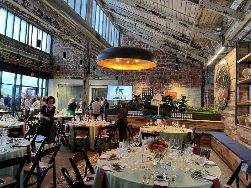 A rustic, open space with exposed brick is juxtaposed against elegant table settings in preparing for a fundraiser auction.