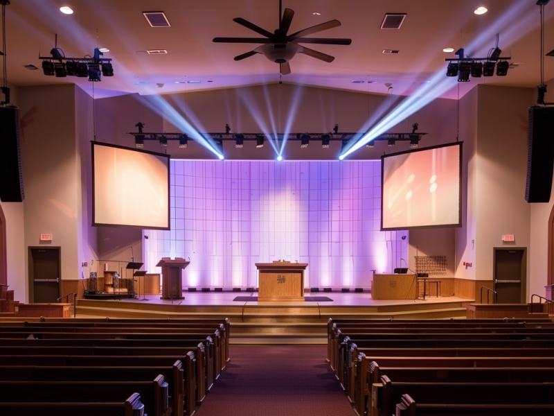 An empty, modern sanctuary, with lighting and screens all set up, ready for the upcoming church live streaming.