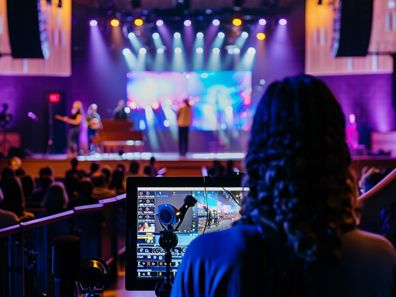 An operator runs the streaming software during a live musical performance at a church.