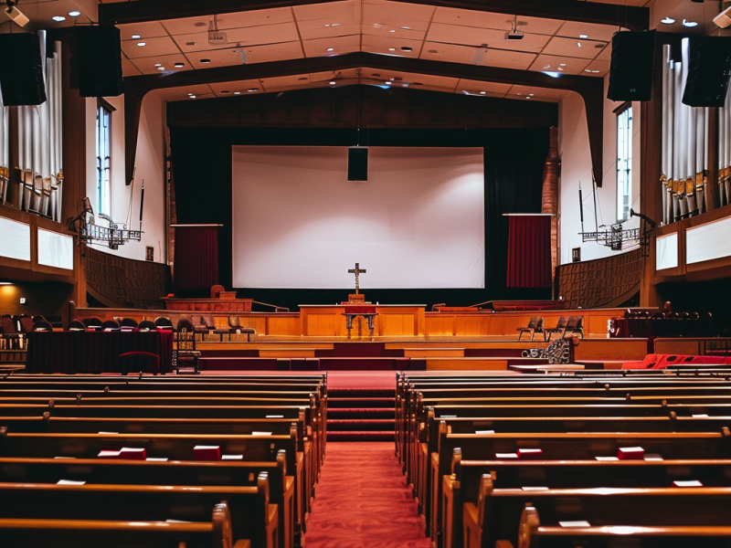 A traditional church sanctuary - empty wooden pews, rich red carpet, and a modest dais and altar. Large speakers hang from the ceiling.