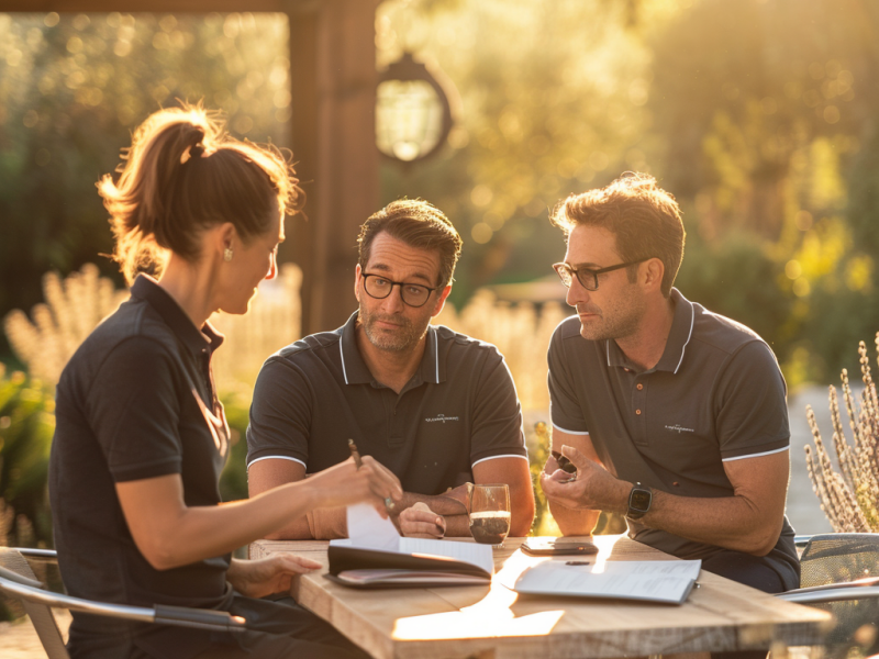 Three event planners sit at an outdoor table discussing the details of the AV needs as part of early event planning.