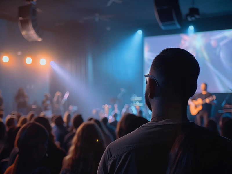 The blue and purple lights flood the church sanctuary while blurry people play instruments and perform on stage. A clear back of a listener engaged in the music sits in the foreground.