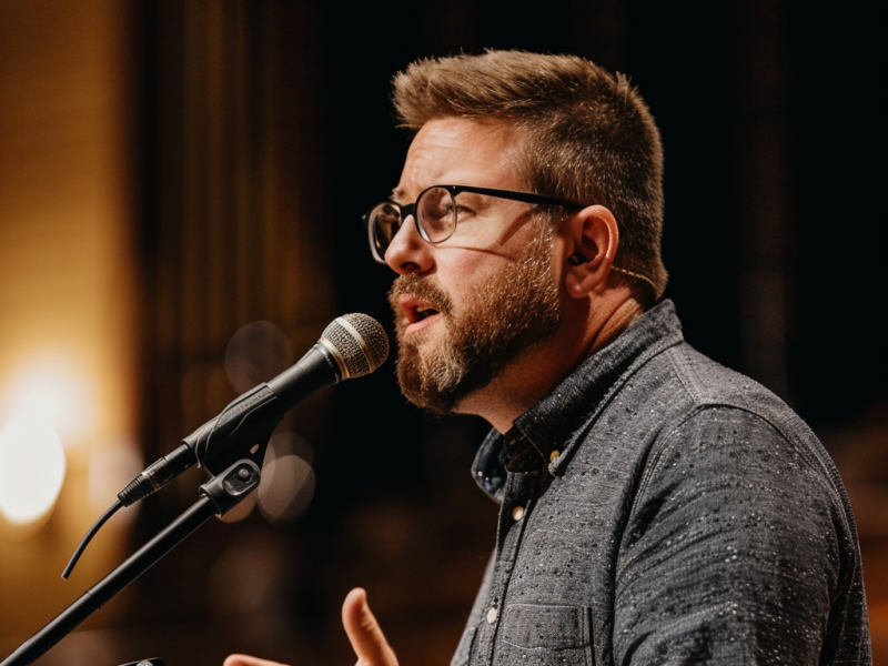 A 30-something man wearing glasses gives a sermon to his church through his microphone.