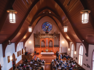 A beautiful small church with curved wooden ceilings holds mass. A large pipe organ and colorful stained-glass window rest behind the altar.