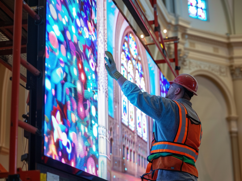 An installer in a safety vest and hard hat installs a large LED video screen for a video wall in an older church.