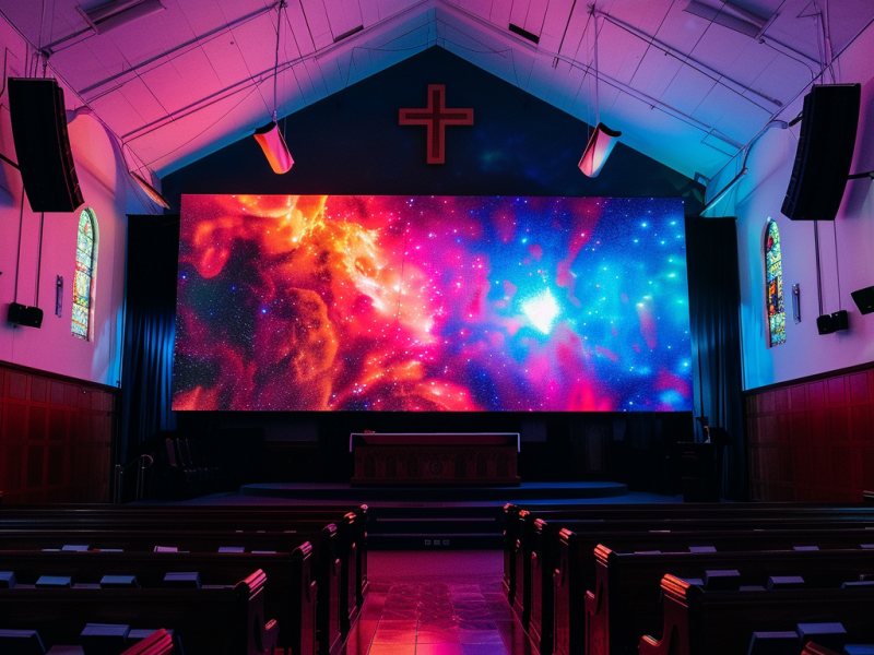 An LED video wall for church glows pink, purple, and blue in abstract patterns, illuminating the empty pews of a small, simple church.