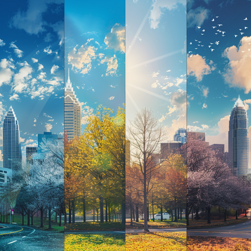 A collage of Charlotte, NC, capturing the city's skyline across four distinct seasons. The first panel shows a vibrant spring with blooming trees and a clear blue sky. The second panel displays the lush greenery of summer with sunlit clouds. The third panel features autumn with golden yellow leaves, and the final panel portrays a serene winter scene with bare trees and a softer sky. Each season dramatically highlights the changing scenery in an urban park setting with skyscrapers in the background.