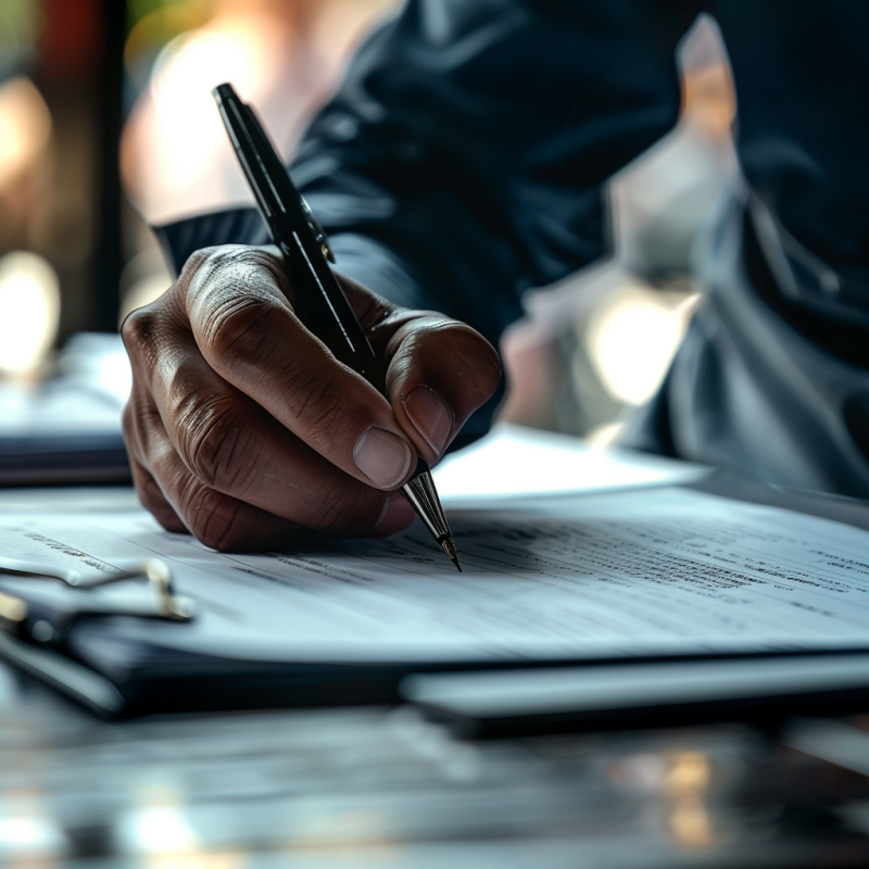 Close-up photo of a person's hand writing on official documents with a pen, symbolizing the detailed and necessary process of obtaining permits and adhering to regulations for event planning. The image captures the essence of meticulous documentation and preparation required in the regulatory aspect of organizing events.