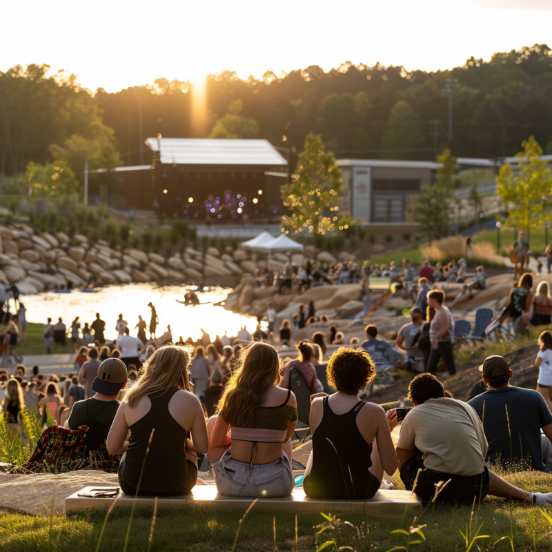 Outdoor concert at the U.S. National Whitewater Center in Charlotte, NC, featuring a crowd of attendees sitting on a grassy hillside at sunset. People are relaxed and enjoying the live music with a scenic view of the stage and a serene waterway in the background.