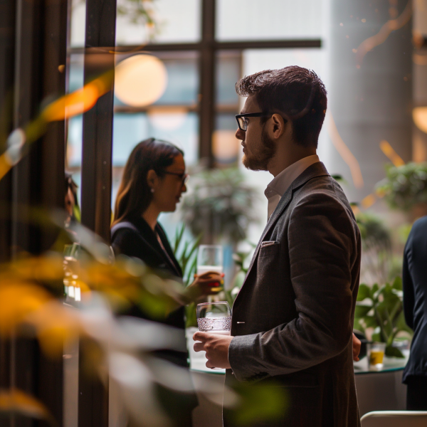 This image shows a professional networking event at an indoor venue. In the foreground, a man with short dark hair, glasses, and a neatly trimmed beard is standing profile to the camera, holding a glass of water. He is dressed in a smart grey blazer over a light-colored shirt. In the background, a woman in a dark outfit engages in conversation with another attendee. The setting has a modern aesthetic with large windows and green plants, creating a relaxed and sophisticated atmosphere.