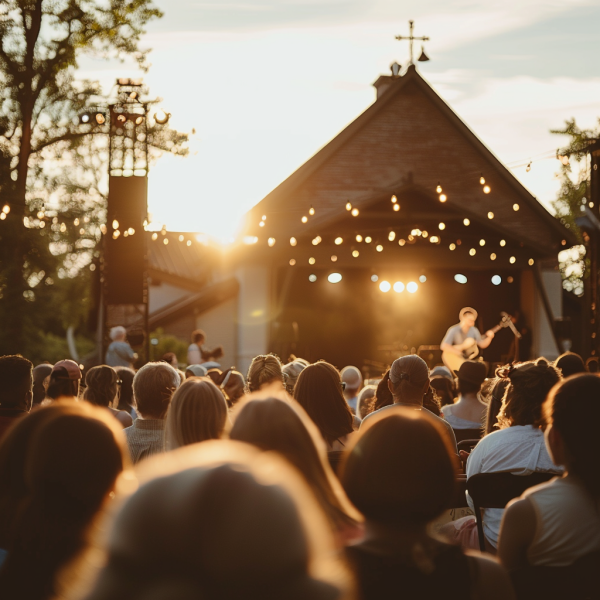 An outdoor music concert at sunset. The audience, composed of numerous people of various ages wearing summer attire, is seated and focused on a performer. The performer, a guitarist, is slightly blurred in the background under a rustic, wooden pavilion adorned with string lights. The golden hour sunlight enhances the warm, festive atmosphere of the event, casting a soft glow over the scene.