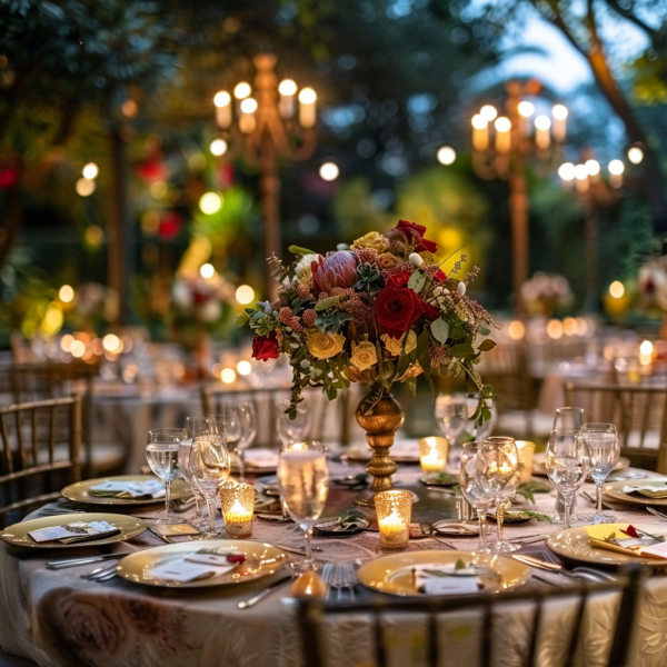 A beautifully arranged outdoor dining setting at an evening event. The focus is on a centerpiece featuring an opulent bouquet of flowers, including red roses and various other colorful blooms, arranged in a classic golden vase. The table is set with elegant dinnerware, crystal glasses, and multiple lit candles, creating a warm, inviting glow. The background reveals a garden adorned with more string lights and candles, enhancing the romantic and sophisticated ambiance of the occasion.