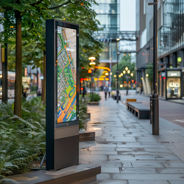 A digital wayfinding kiosk on a city sidewalk, displaying a vibrant, detailed map. The kiosk, framed in black with a touch-screen interface, is nestled among green foliage and set against an urban backdrop with modern architecture and street lamps. The scene captures a dusk setting, highlighted by the warm glow of the street lights and the peaceful ambiance of an uncrowded walkway.