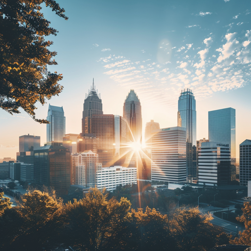 Sunrise over Charlotte, North Carolina, showcasing a panoramic view of the city skyline with modern skyscrapers illuminated by the golden sun, flanked by lush green trees in the foreground.