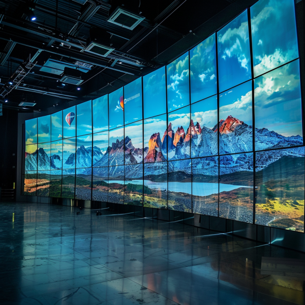 A spacious, modern room featuring an expansive video wall consisting of multiple seamless displays. The wall showcases a stunning panoramic view of a majestic mountain landscape with sharp peaks dusted with snow, a serene lake in the foreground, and a vivid blue sky dotted with clouds. A hot air balloon floats gracefully in the sky, adding a sense of adventure to the scene. The room has a reflective floor, and the ceiling is equipped with various technical fixtures, highlighting the advanced setup of this immersive display environment.