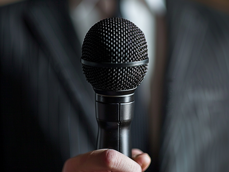 Close-up of a handheld microphone, held by a person in a suit, with a blurred background suggesting a formal or business setting.