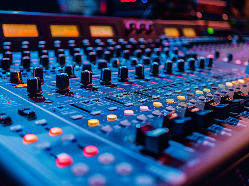 Close-up view of a colorful, illuminated audio mixing console with numerous sliders, knobs, and buttons, used for controlling sound at live events.