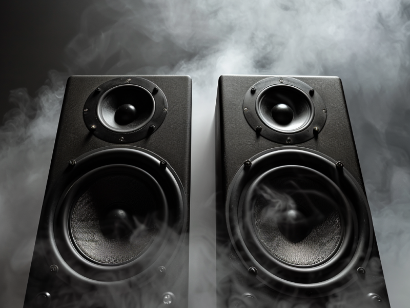 A pair of black stereo speakers emitting sound waves, surrounded by swirling smoke in a dramatic low-light setting.