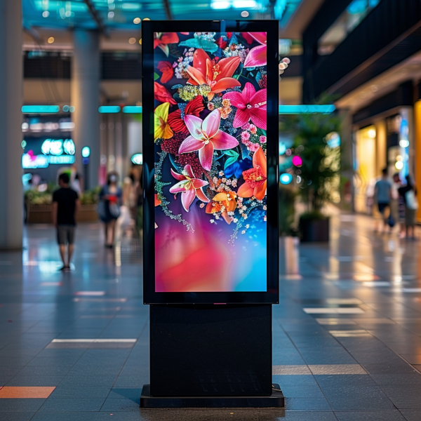 A digital display in a shopping mall presenting a vivid and colorful floral graphic. The standalone kiosk has a sleek black frame and is positioned on a tiled floor within the mall's bustling walkway, flanked by various retail stores. The sharp, bright screen displays a range of exotic flowers and leaves in vibrant reds, pinks, and oranges, effectively capturing the attention of passersby. The blurred background shows shoppers and glowing storefronts, emphasizing the display's role in enhancing the visual appeal and ambiance of the mall environment.