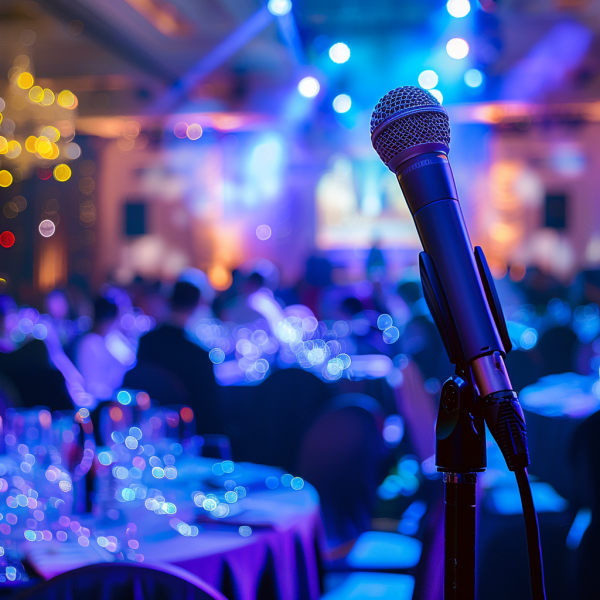 A close-up of a microphone on a stand, positioned in the foreground against a blurry background of a gala dinner event. The setting is dimly lit with blue and purple lighting, creating a festive and elegant atmosphere. The tables are adorned with glasses and the guests, mostly in formal attire, appear engaged in conversation or focused on a presentation projected on a screen at the front. The overall mood is lively and sophisticated, suitable for a significant occasion.