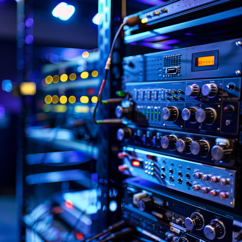 Close-up of advanced audio and video equipment in a rack, with glowing lights and digital displays, essential for modern AV installations.