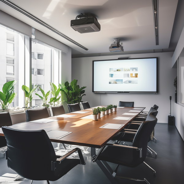 Bright and airy conference room equipped with sound-absorbing materials and plants, enhancing audio clarity for effective communication.