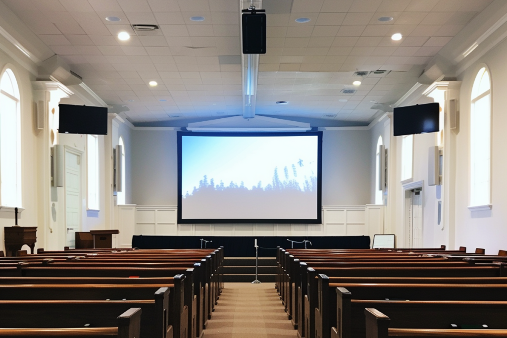 Interior of a church showing a large projection screen for AV presentations, illustrating a professional AV installation for religious services.