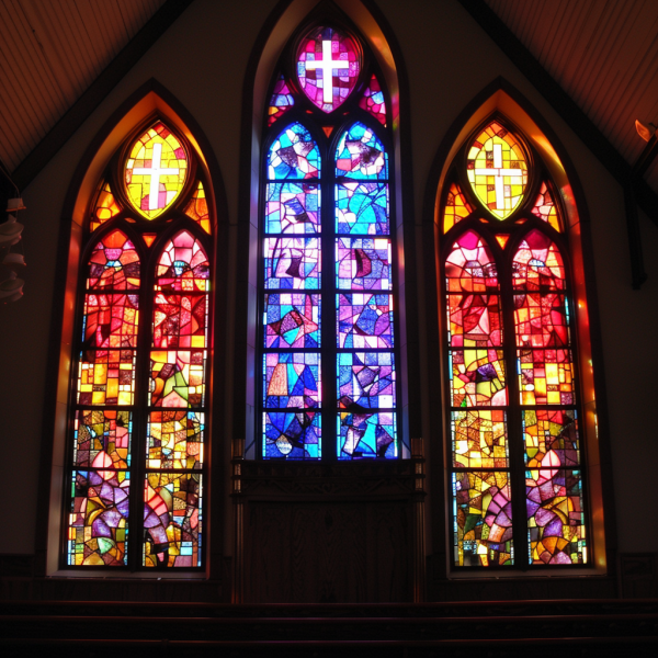 Vibrant stained glass windows in a church, illustrating the natural light filtering through and enhancing the sacred atmosphere.