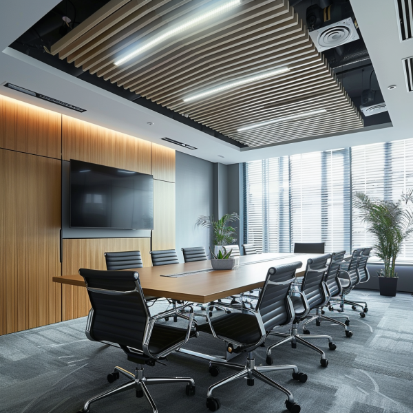 High-tech conference room with advanced acoustic design, featuring a large screen and well-placed overhead lighting to optimize sound for presentations.