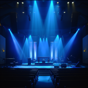 Modern church stage illuminated by dramatic blue lighting, showcasing contemporary lighting design for religious venues.