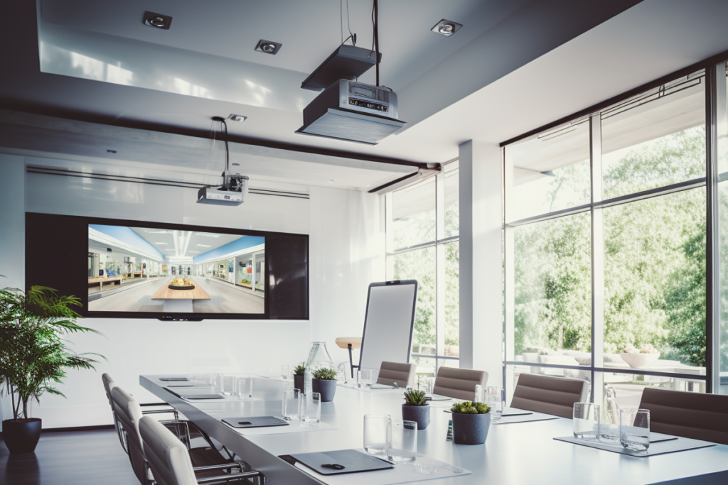 Sleek and modern conference room with state-of-the-art AV system featuring large digital screens and high-tech projectors.