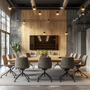 Stylish modern conference room featuring wood panels and ample natural lighting, designed to enhance sound quality for meetings