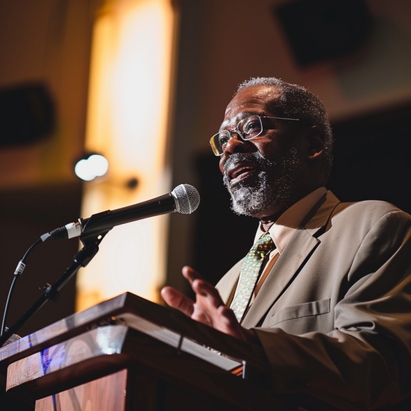 Pastor preaching at a church podium under a focused spotlight, highlighting the effective use of stage lighting to enhance speaker visibility.