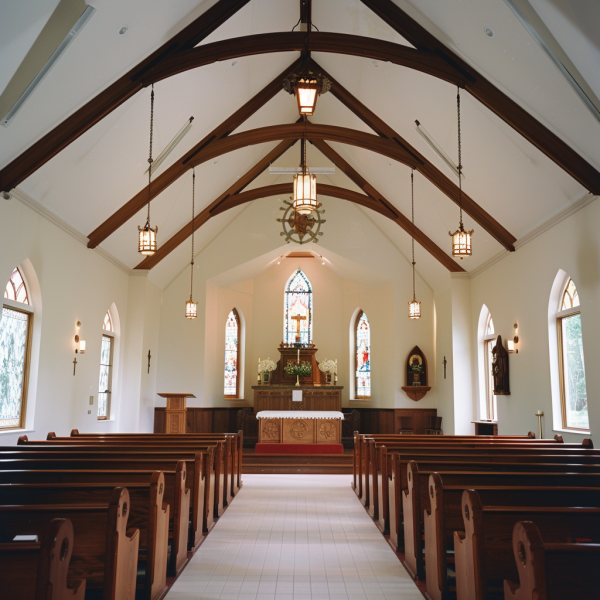 Elegant traditional church interior with natural lighting, demonstrating ambient light use in church settings.