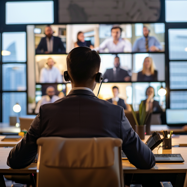 Business professional in a conference room equipped for virtual meetings, showcasing multi-screen setup that enhances sound quality for remote communication.