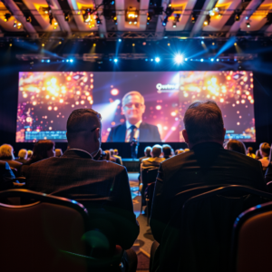 Audience at a corporate event engaging with a speaker, enhanced by audiovisual technology.