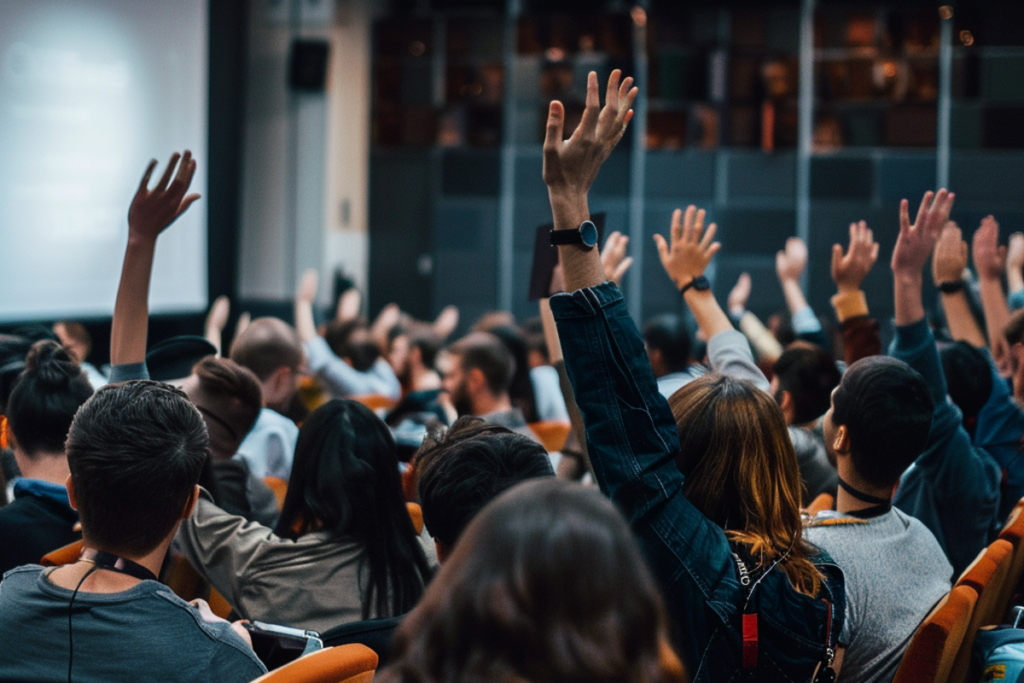 Diverse audience raising hands during a Q&A session in a hybrid event setting, demonstrating engagement in both in-person and virtual formats.