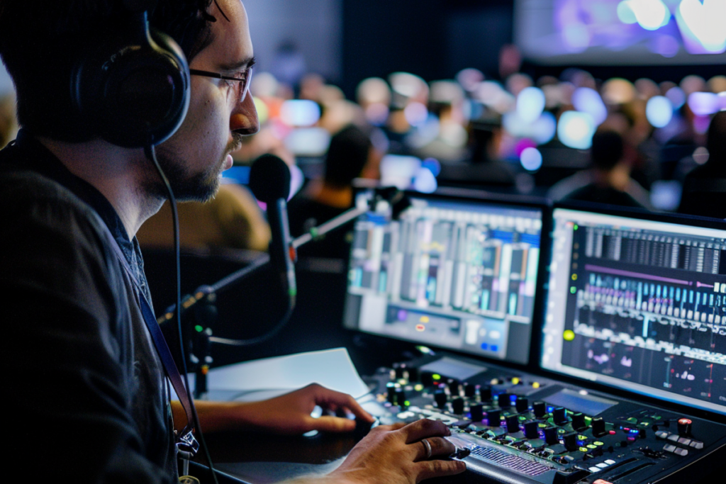 Sound engineer operating advanced audiovisual control panels during a live event, delivering a high-quality experience.