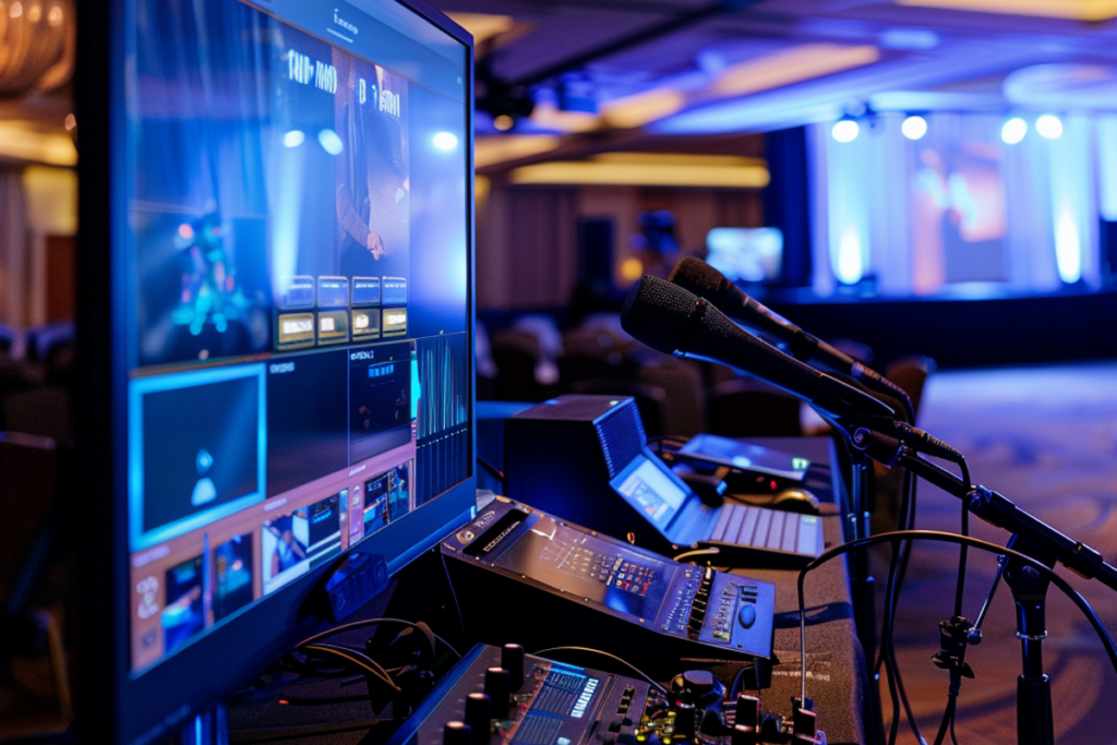 Advanced audiovisual setup for a hybrid event featuring multiple screens and sound equipment, essential for seamless live streaming and audience interaction.