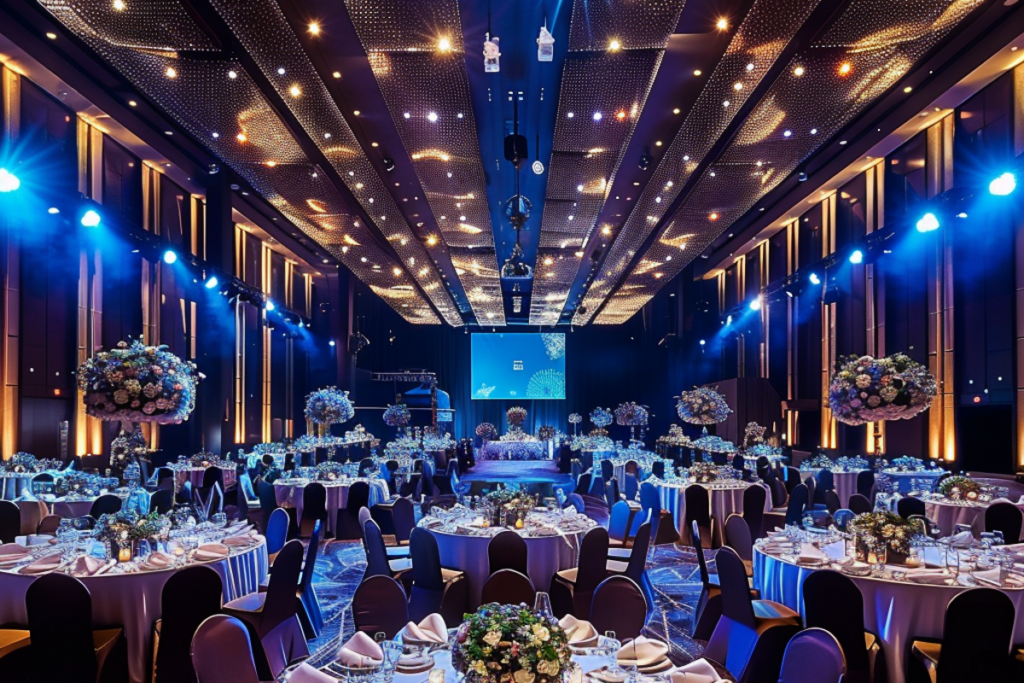 Lavish corporate event dining area lit by sophisticated AV lighting systems and a projector screen at the front of the hall.