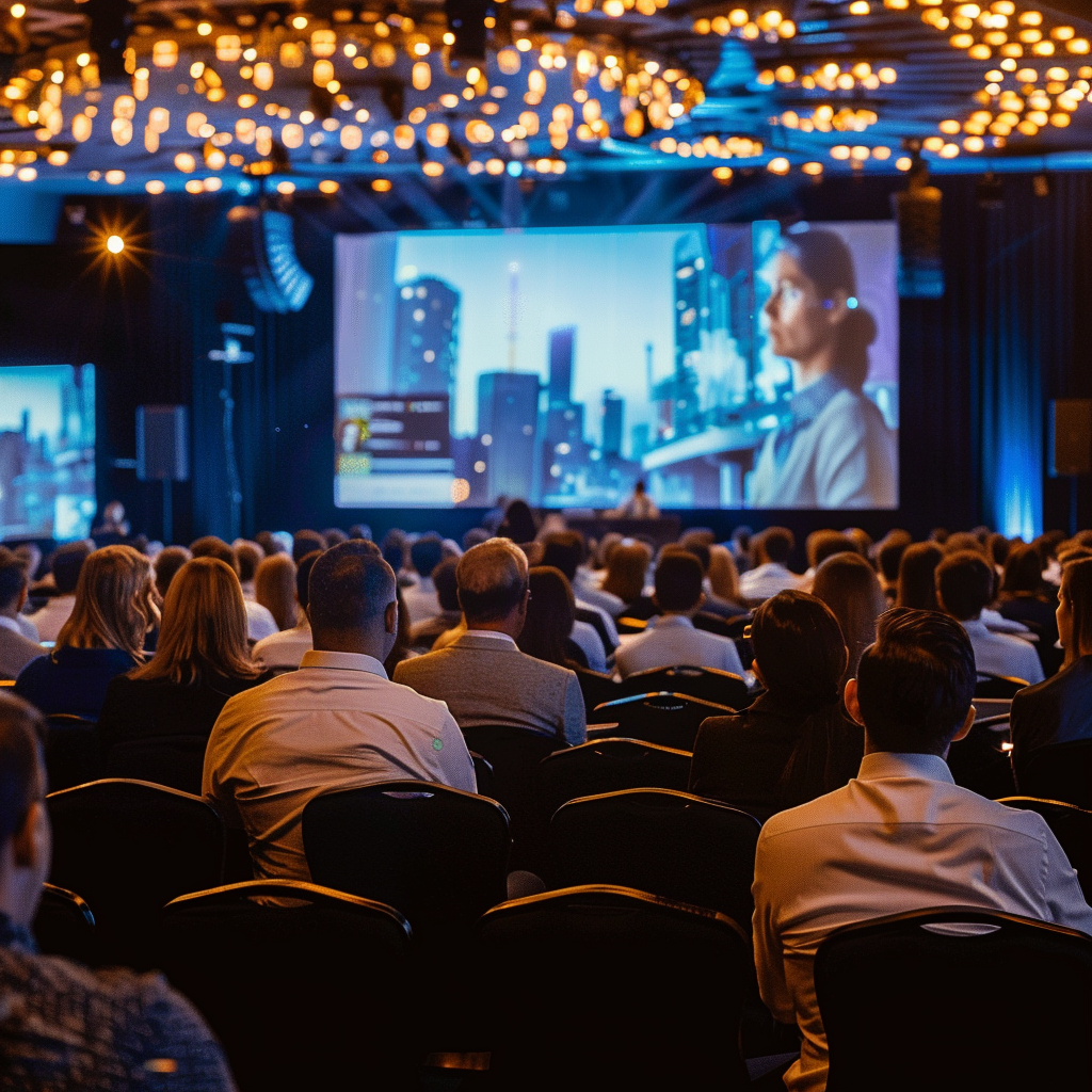 In-person attendees watching a speaker on a large screen at a hybrid conference event.