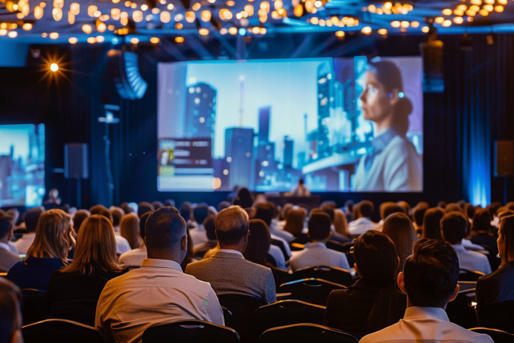 Attendees watching a speaker on a large screen at a hybrid conference event, blending in-person and digital participation.