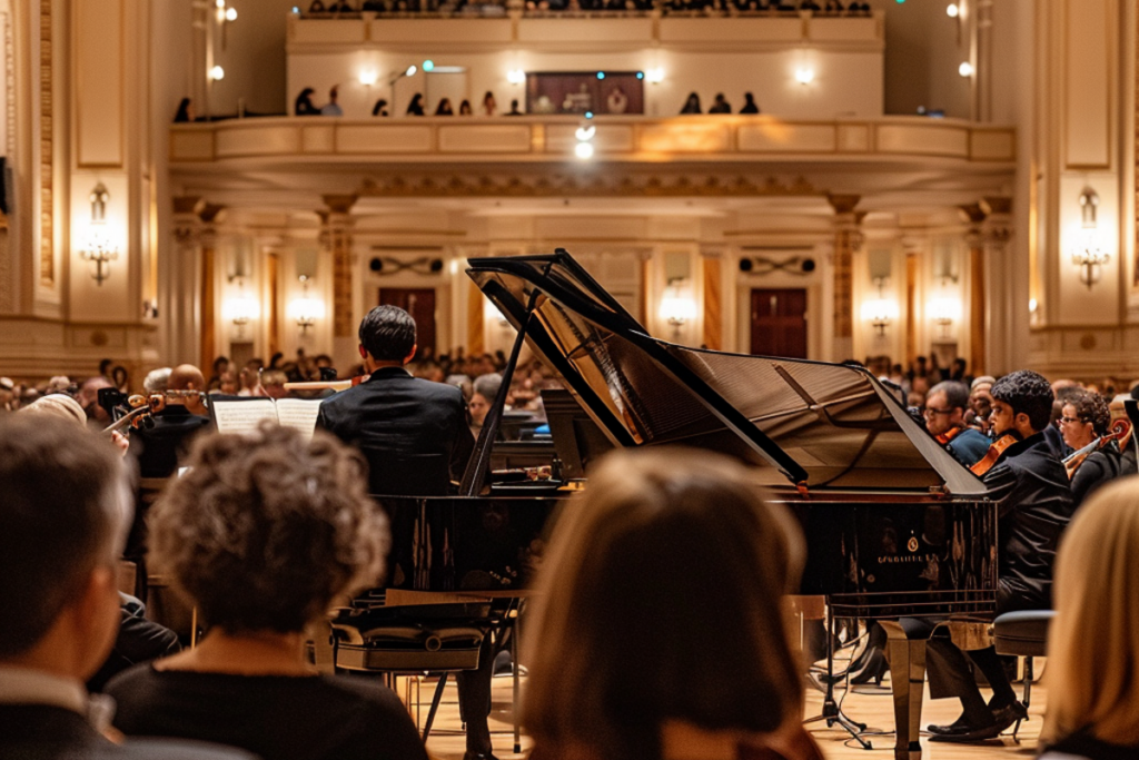 Audience enjoying a classical concert with a pianist leading an orchestra, highlighting the impact of quality lighting and sound technology has on live performances.