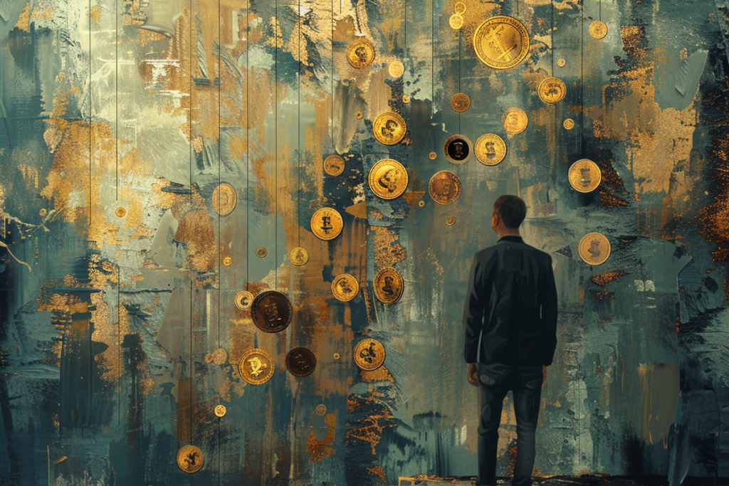 Digital art of a man observing a coins and cryptocurrency symbols, symbolic of watching and measuring the value of investments and savings.